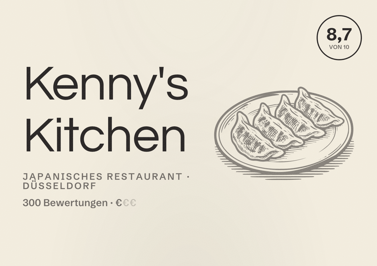 Illustriertes Poster von Kenny's Kitchen, Japanisches Restaurant in Düsseldorf: Bewertung 8,7 von 10 aus 300 Bewertungen, Preisniveau €