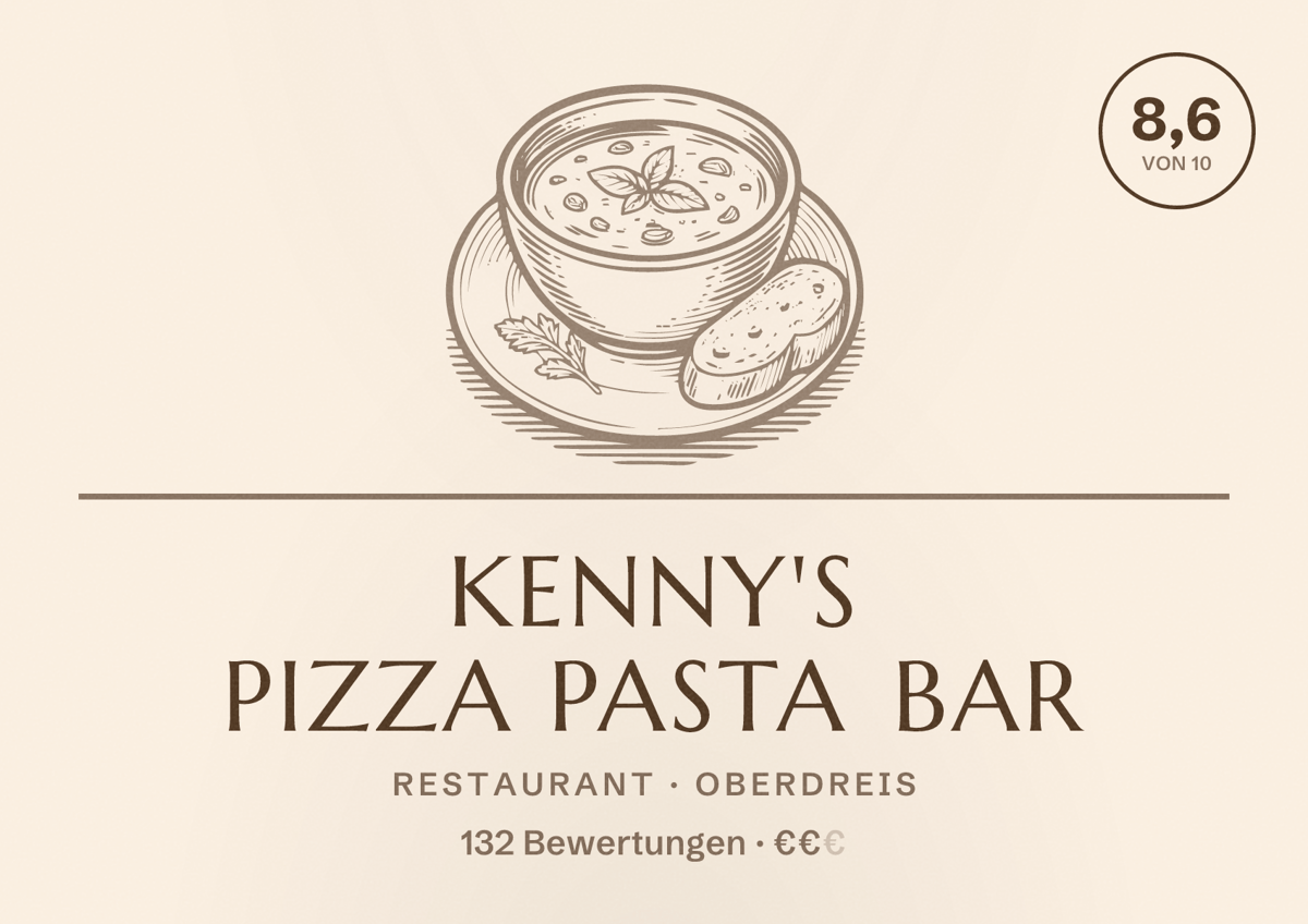 Illustriertes Poster von Kenny's Pizza Pasta Bar, Restaurant in Oberdreis: Bewertung 8,6 von 10 aus 132 Bewertungen, Preisniveau €€