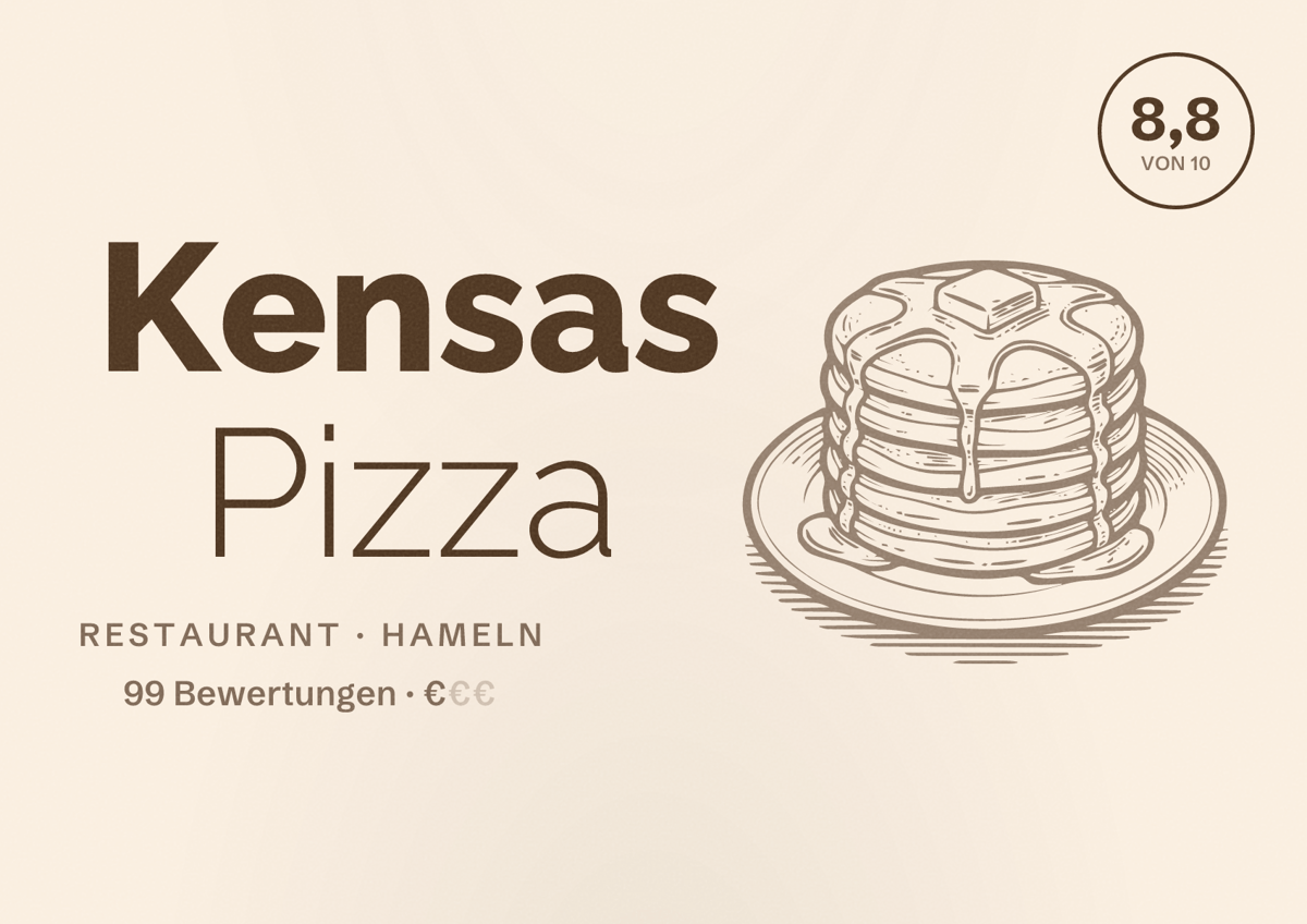 Illustriertes Poster von Kensas Pizza, Restaurant in Hameln: Bewertung 8,8 von 10 aus 99 Bewertungen, Preisniveau €