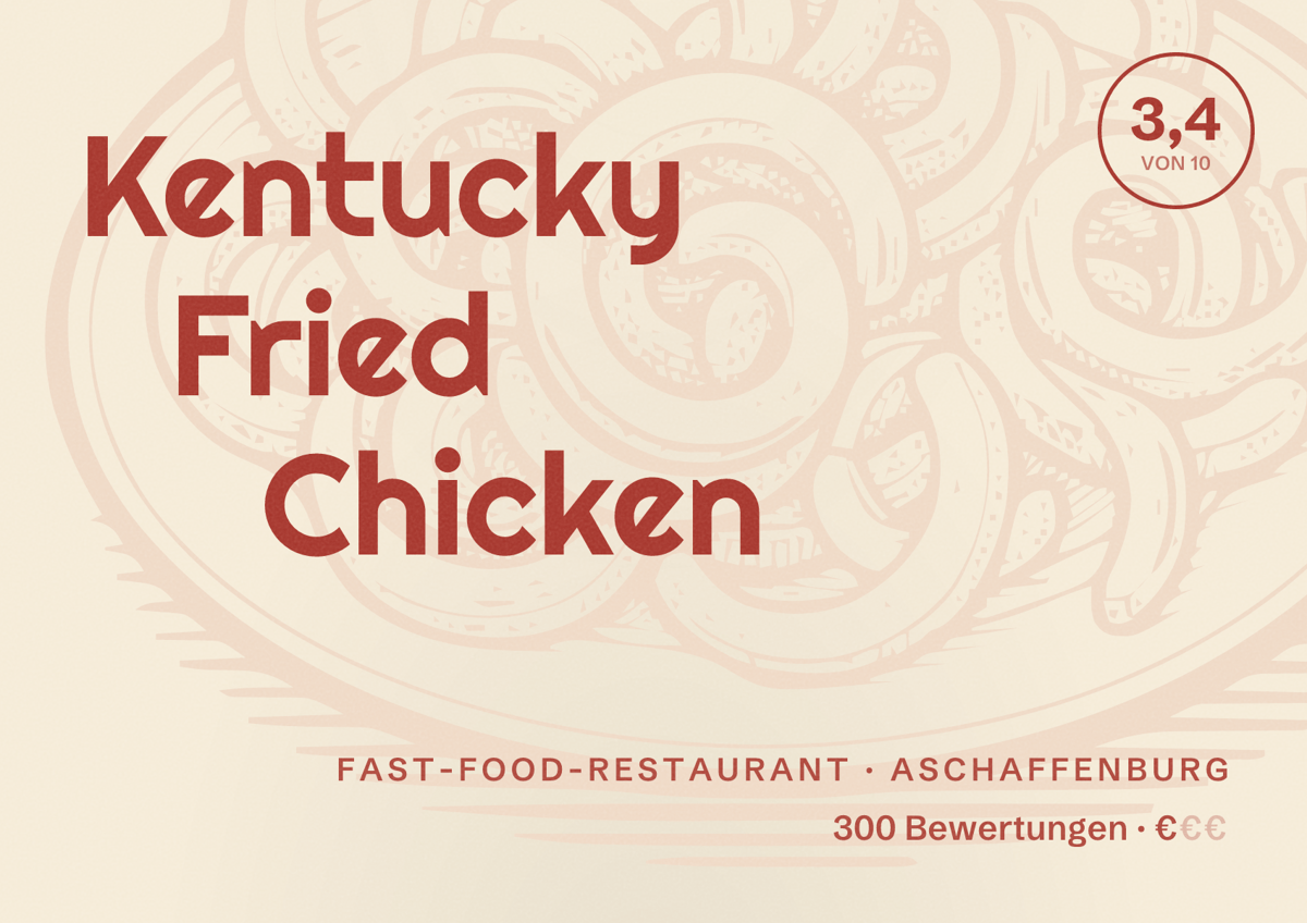 Illustriertes Poster von Kentucky Fried Chicken, Fast-Food-Restaurant in Aschaffenburg: Bewertung 3,4 von 10 aus 300 Bewertungen, Preisniveau €