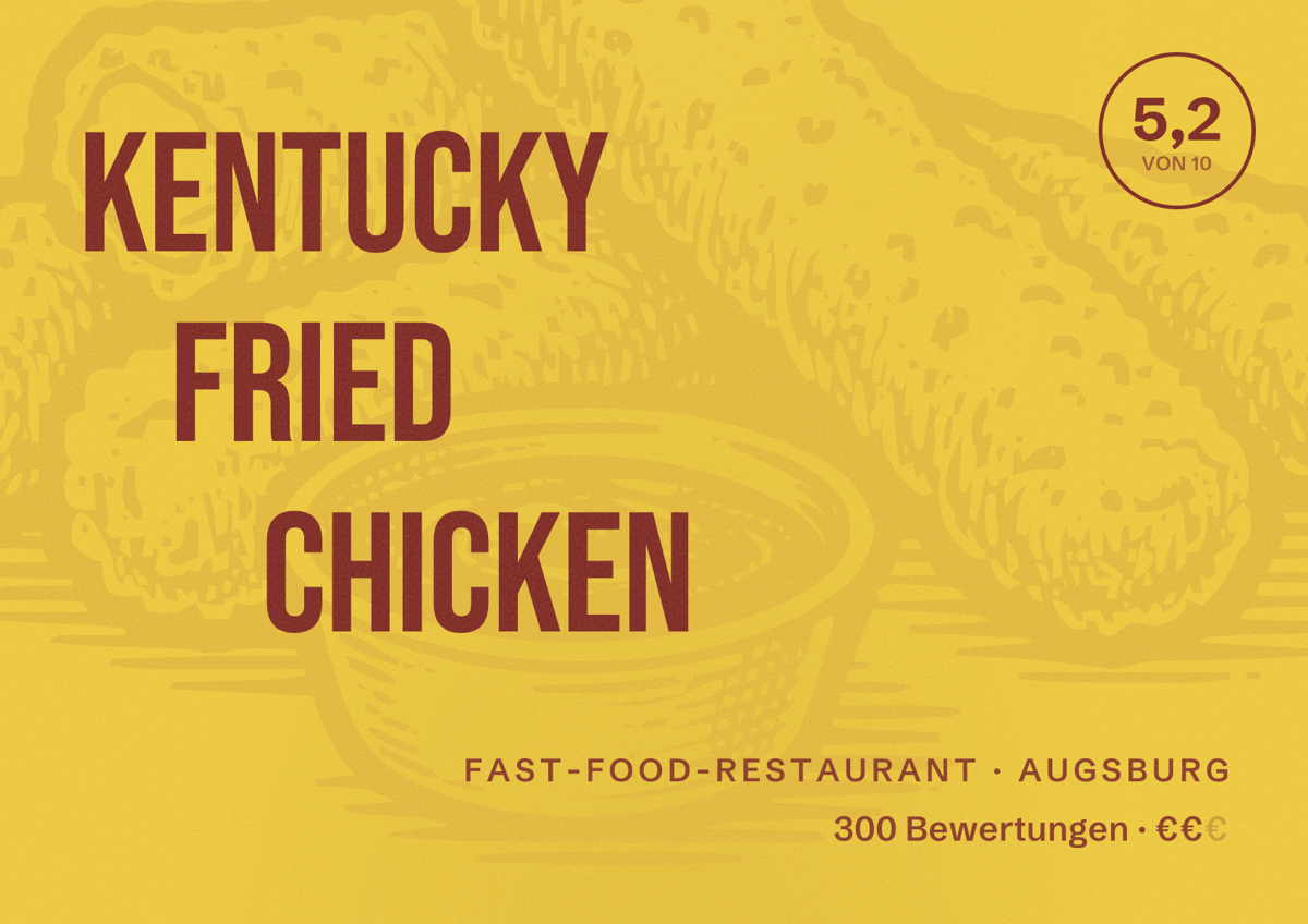 Illustriertes Poster von Kentucky Fried Chicken, Fast-Food-Restaurant in Augsburg: Bewertung 5,2 von 10 aus 300 Bewertungen, Preisniveau €€