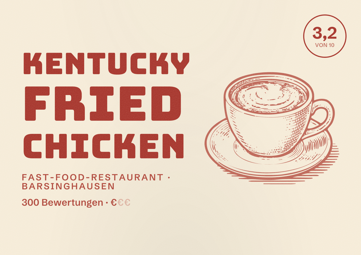 Illustriertes Poster von Kentucky Fried Chicken, Fast-Food-Restaurant in Barsinghausen: Bewertung 3,2 von 10 aus 300 Bewertungen, Preisniveau €