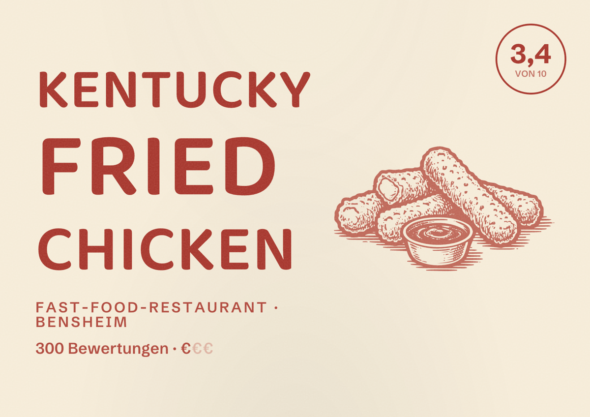 Illustriertes Poster von Kentucky Fried Chicken, Fast-Food-Restaurant in Bensheim: Bewertung 3,4 von 10 aus 300 Bewertungen, Preisniveau €