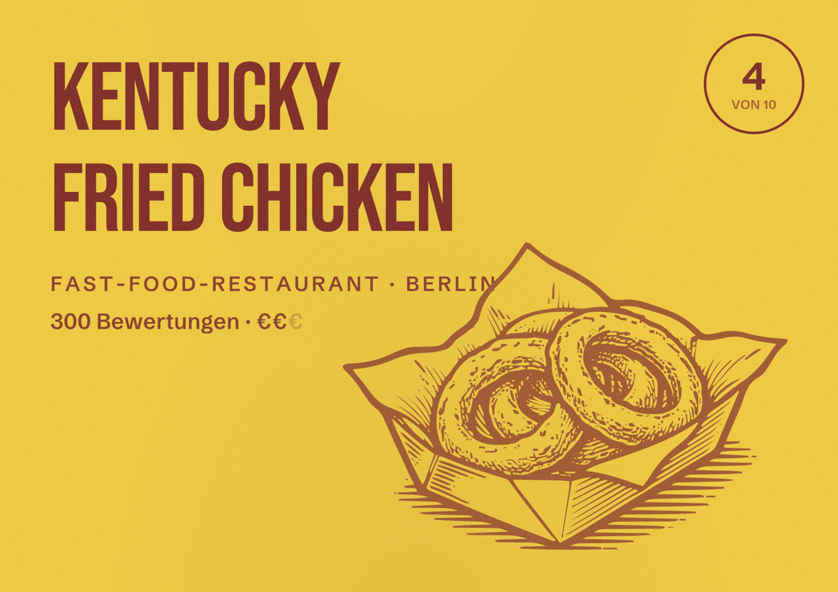 Illustriertes Poster von Kentucky Fried Chicken, Fast-Food-Restaurant in Berlin: Bewertung 4,0 von 10 aus 300 Bewertungen, Preisniveau €€
