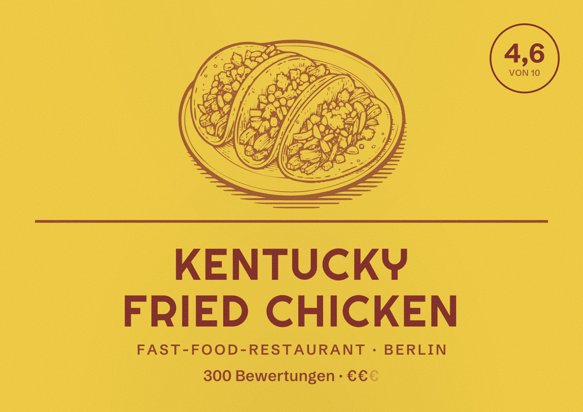 Illustriertes Poster von Kentucky Fried Chicken, Fast-Food-Restaurant in Berlin: Bewertung 4,6 von 10 aus 300 Bewertungen, Preisniveau €€