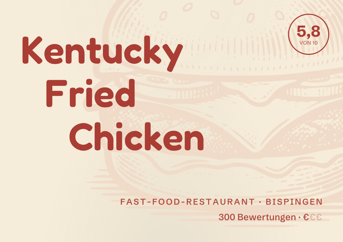 Illustriertes Poster von Kentucky Fried Chicken, Fast-Food-Restaurant in Bispingen: Bewertung 5,8 von 10 aus 300 Bewertungen, Preisniveau €
