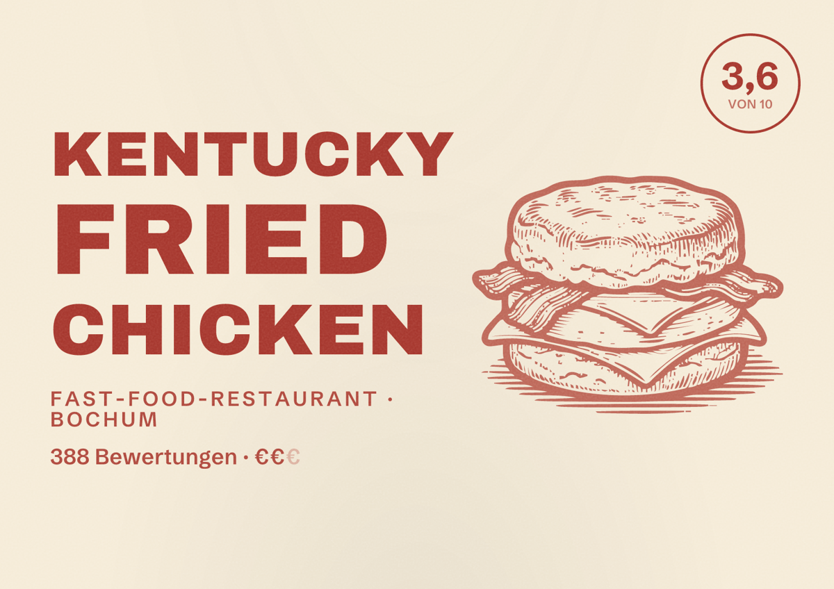 Illustriertes Poster von Kentucky Fried Chicken, Fast-Food-Restaurant in Bochum: Bewertung 3,6 von 10 aus 388 Bewertungen, Preisniveau €€