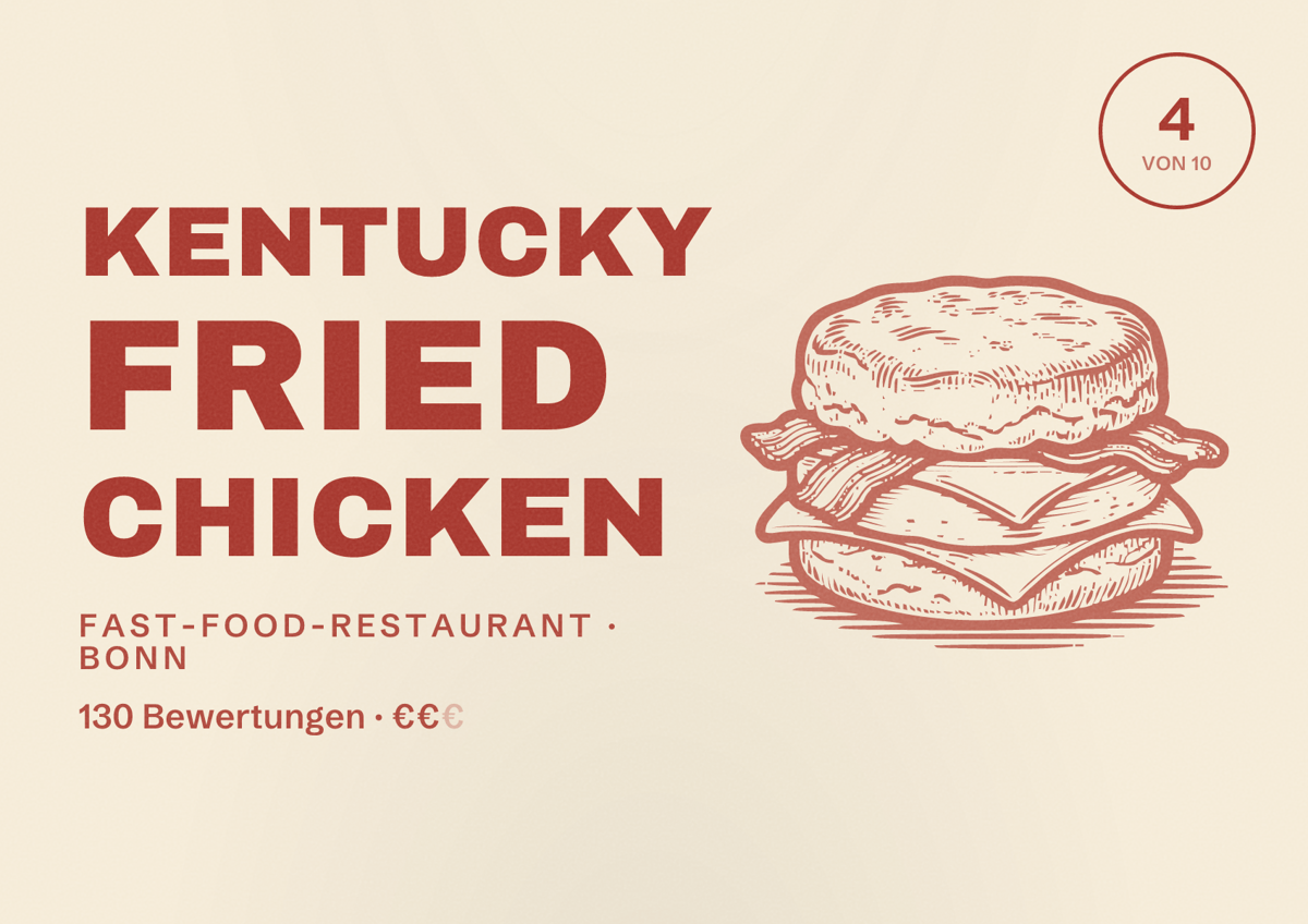 Illustriertes Poster von Kentucky Fried Chicken, Fast-Food-Restaurant in Bonn: Bewertung 4 von 10 aus 130 Bewertungen, Preisniveau €€