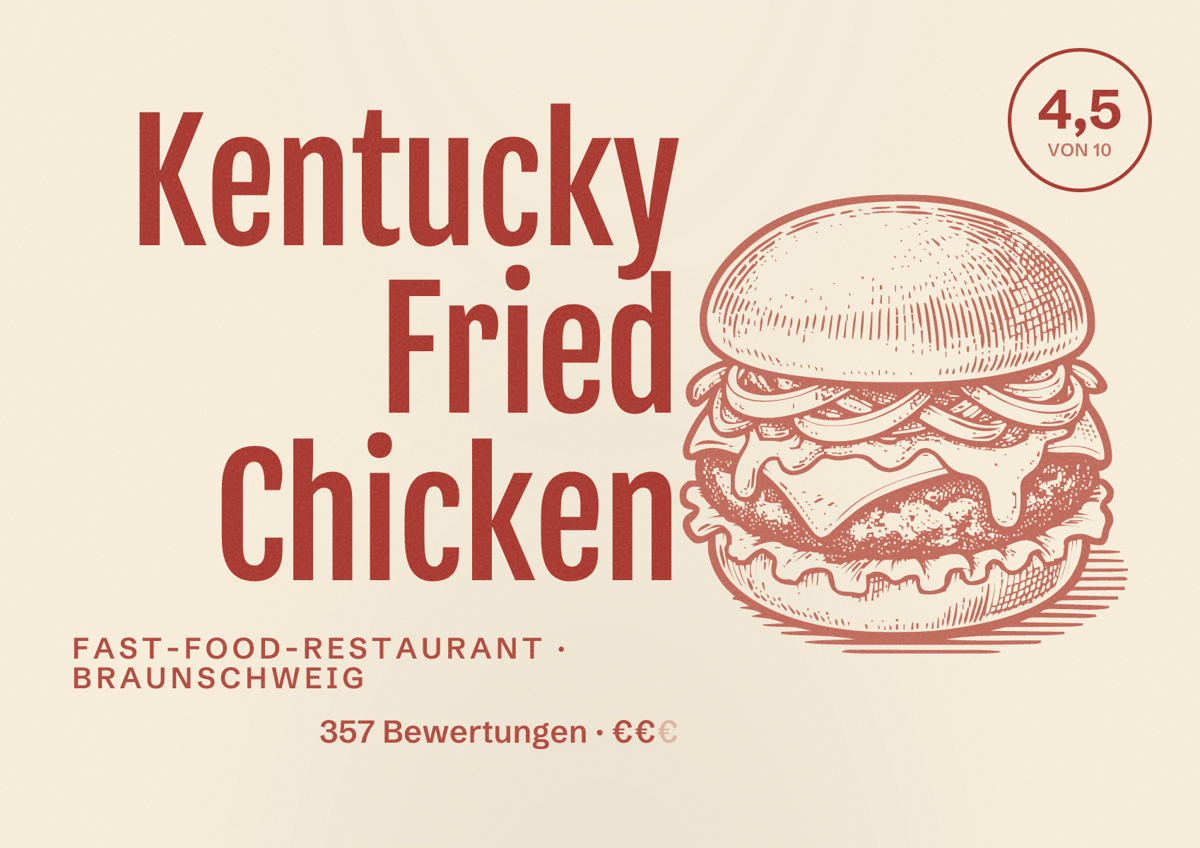 Illustriertes Poster von Kentucky Fried Chicken, Fast-Food-Restaurant in Braunschweig: Bewertung 4,5 von 10 aus 357 Bewertungen, Preisniveau €€