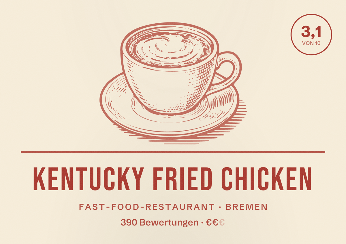 Illustriertes Poster von Kentucky Fried Chicken, Fast-Food-Restaurant in Bremen: Bewertung 3,1 von 10 aus 390 Bewertungen, Preisniveau €€