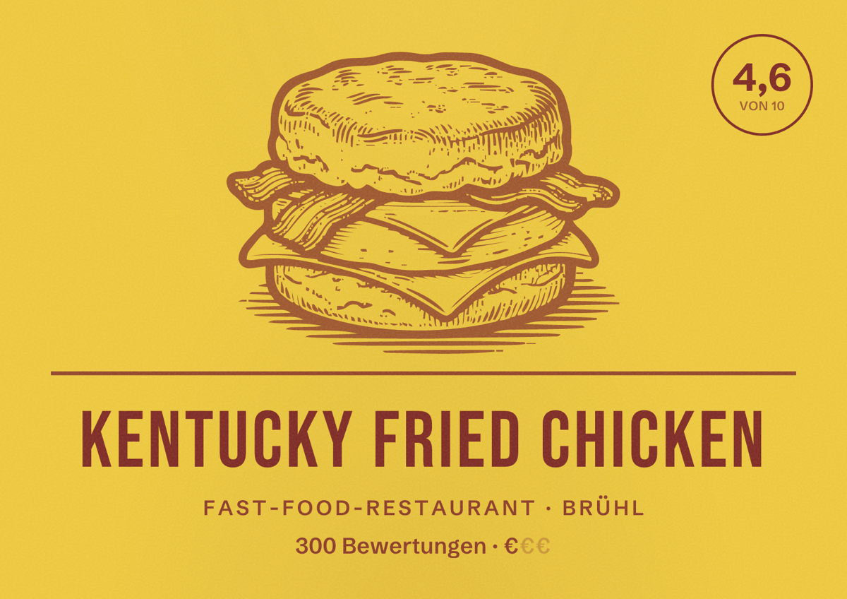 Illustriertes Poster von Kentucky Fried Chicken, Fast-Food-Restaurant in Brühl: Bewertung 4,6 von 10 aus 300 Bewertungen, Preisniveau €