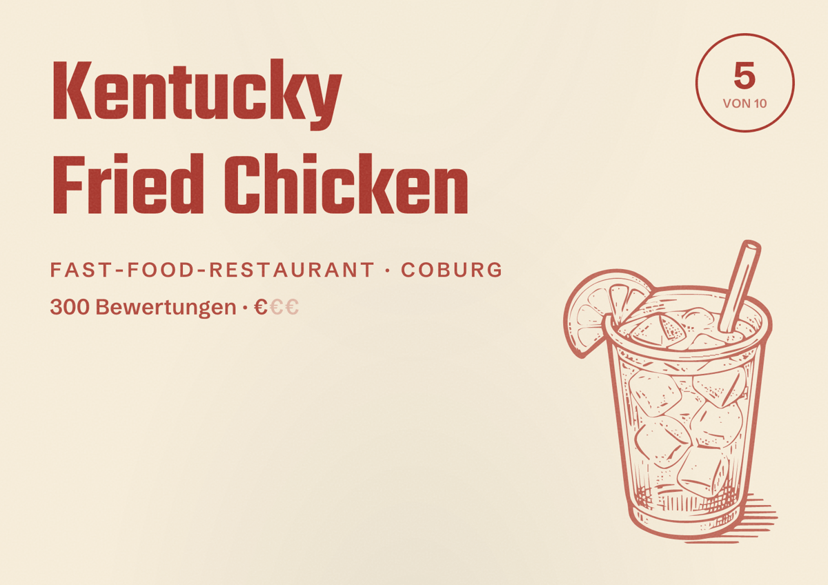 Illustriertes Poster von Kentucky Fried Chicken, Fast-Food-Restaurant in Coburg: Bewertung 5 von 10 aus 300 Bewertungen, Preisniveau €
