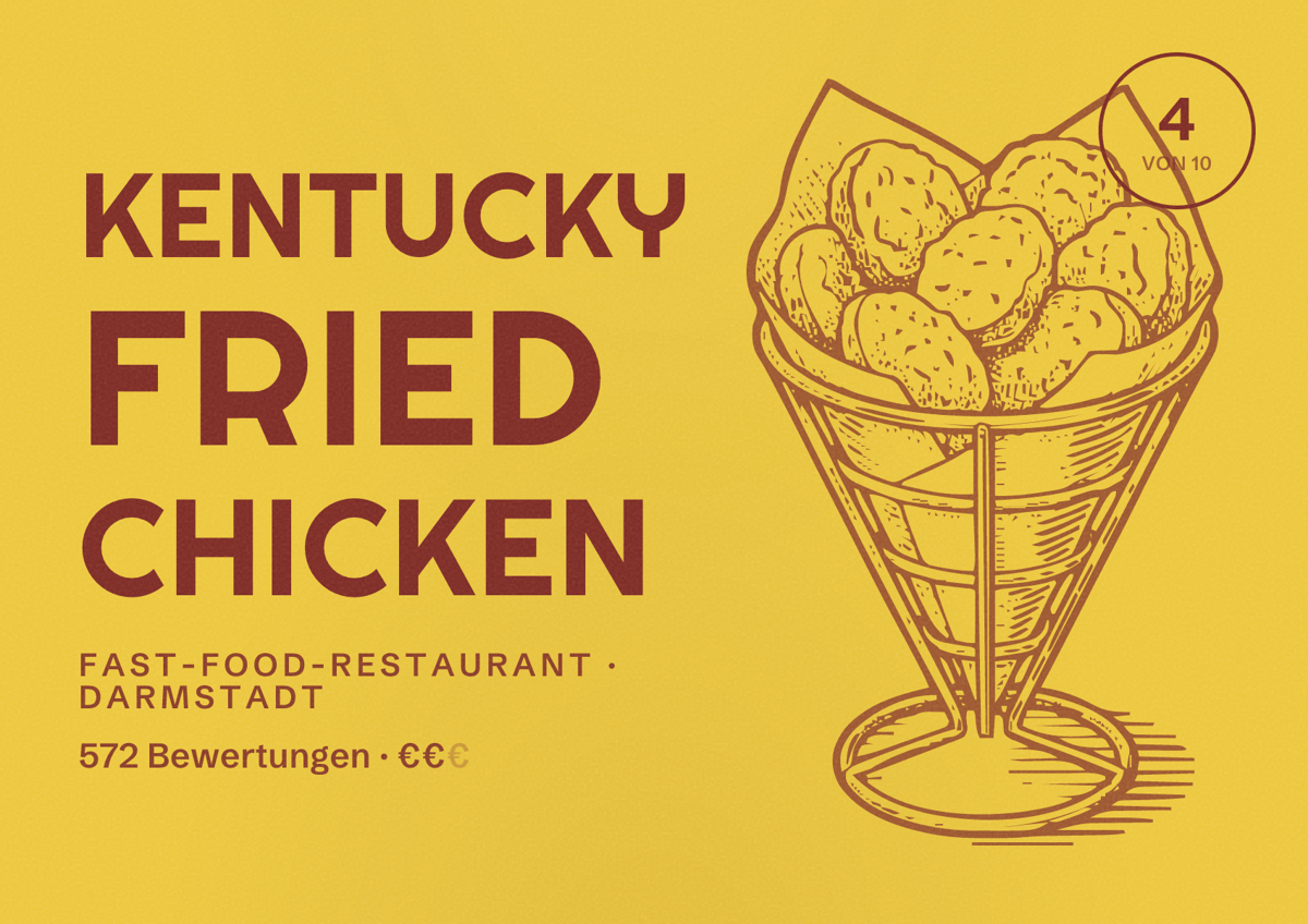 Illustriertes Poster von Kentucky Fried Chicken, Fast-Food-Restaurant in Darmstadt: Bewertung 4,0 von 10 aus 572 Bewertungen, Preisniveau €€
