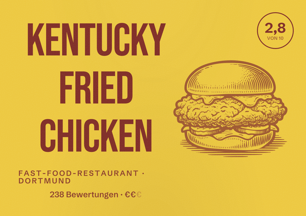 Illustriertes Poster von Kentucky Fried Chicken, Fast-Food-Restaurant in Dortmund: Bewertung 2,8 von 10 aus 238 Bewertungen, Preisniveau €€