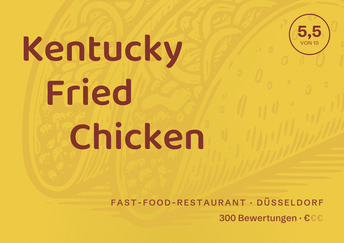 Illustriertes Poster von Kentucky Fried Chicken, Fast-Food-Restaurant in Düsseldorf: Bewertung 5,5 von 10 aus 300 Bewertungen, Preisniveau €