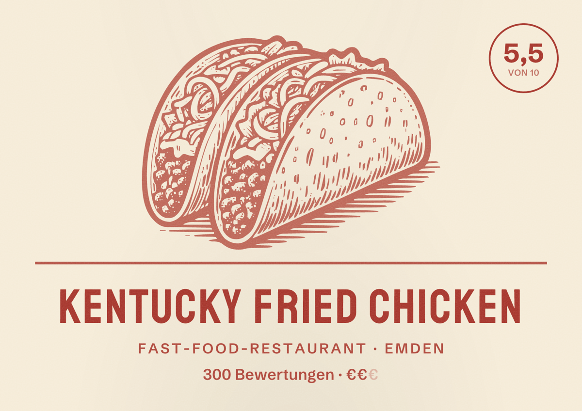 Illustriertes Poster von Kentucky Fried Chicken, Fast-Food-Restaurant in Emden: Bewertung 5,5 von 10 aus 300 Bewertungen, Preisniveau €€