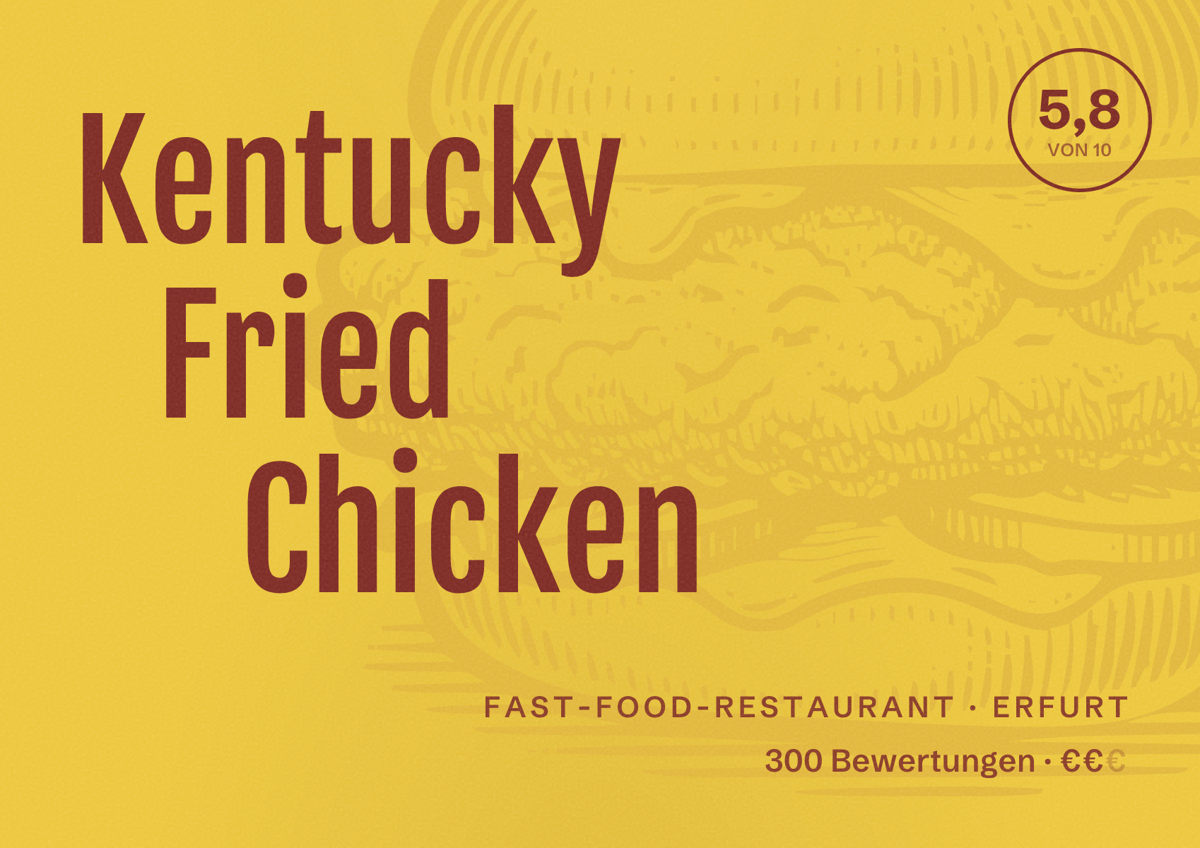 Illustriertes Poster von Kentucky Fried Chicken, Fast-Food-Restaurant in Erfurt: Bewertung 5,8 von 10 aus 300 Bewertungen, Preisniveau €€