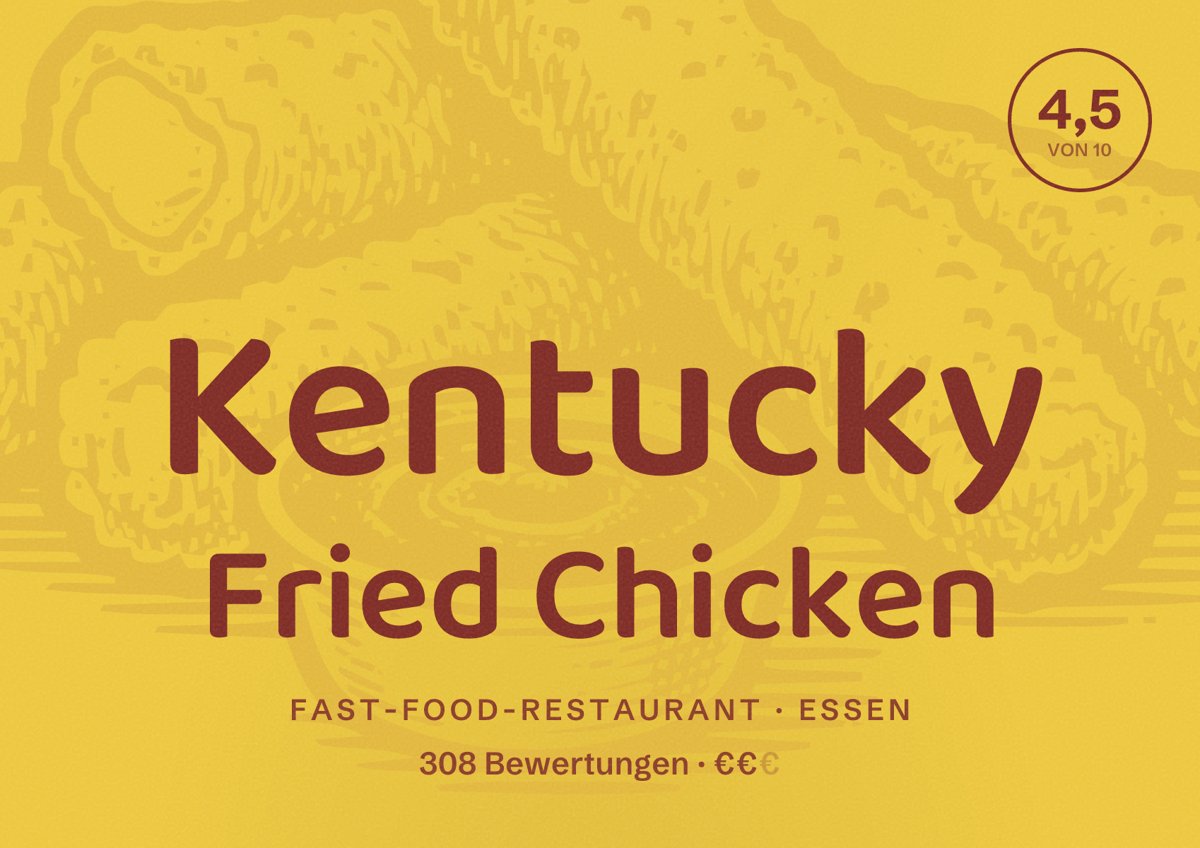 Illustriertes Poster von Kentucky Fried Chicken, Fast-Food-Restaurant in Essen: Bewertung 4,5 von 10 aus 308 Bewertungen, Preisniveau €€