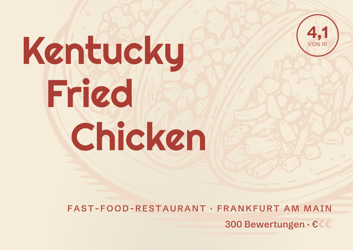 Illustriertes Poster von Kentucky Fried Chicken, Fast-Food-Restaurant in Frankfurt am Main: Bewertung 4,1 von 10 aus 300 Bewertungen, Preisniveau €
