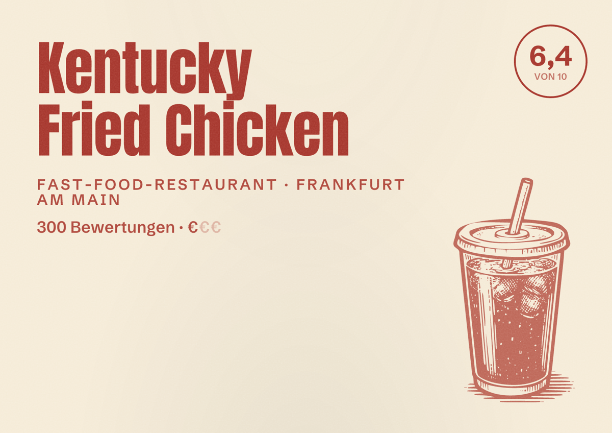 Illustriertes Poster von Kentucky Fried Chicken, Fast-Food-Restaurant in Frankfurt am Main: Bewertung 6,4 von 10 aus 300 Bewertungen, Preisniveau €