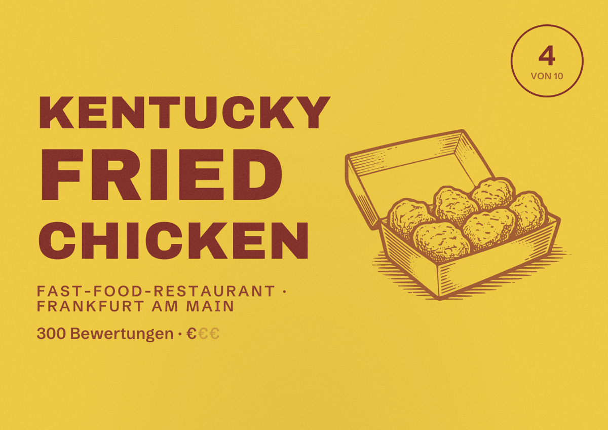 Illustriertes Poster von Kentucky Fried Chicken, Fast-Food-Restaurant in Frankfurt am Main: Bewertung 4 von 10 aus 300 Bewertungen, Preisniveau €