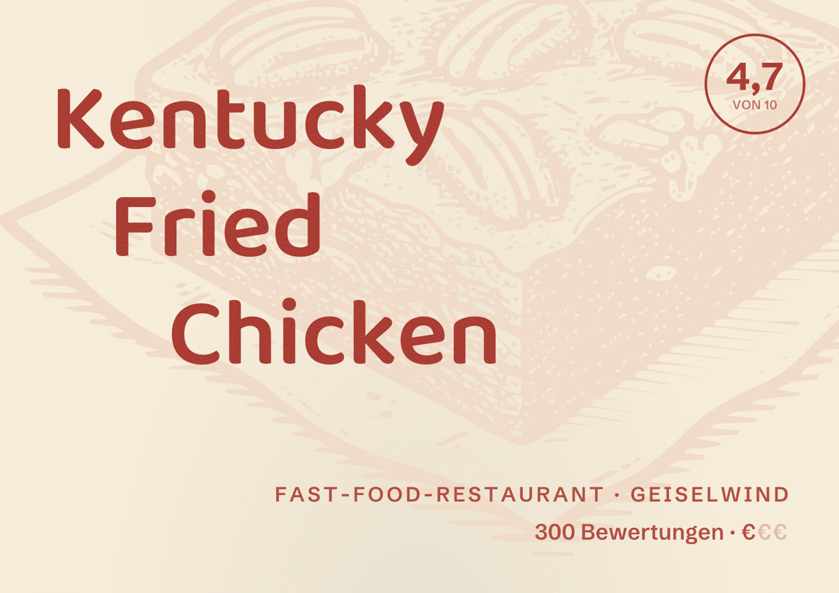 Illustriertes Poster von Kentucky Fried Chicken, Fast-Food-Restaurant in Geiselwind: Bewertung 4,7 von 10 aus 300 Bewertungen, Preisniveau €
