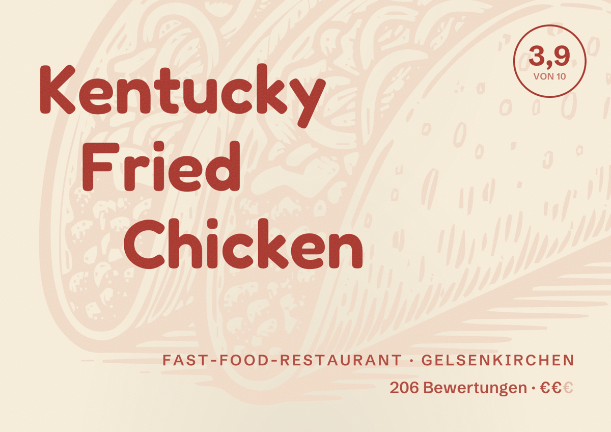 Illustriertes Poster von Kentucky Fried Chicken, Fast-Food-Restaurant in Gelsenkirchen: Bewertung 3,9 von 10 aus 206 Bewertungen, Preisniveau €€