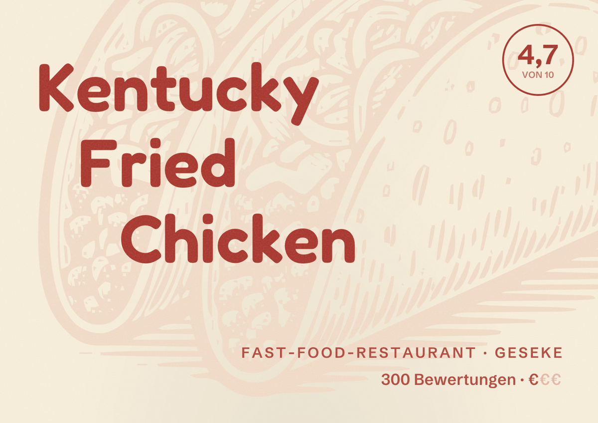 Illustriertes Poster von Kentucky Fried Chicken, Fast-Food-Restaurant in Geseke: Bewertung 4,7 von 10 aus 300 Bewertungen, Preisniveau €