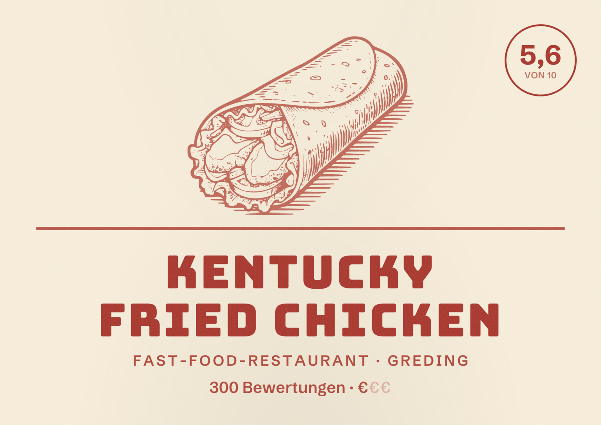 Illustriertes Poster von Kentucky Fried Chicken, Fast-Food-Restaurant in Greding: Bewertung 5,6 von 10 aus 300 Bewertungen, Preisniveau €