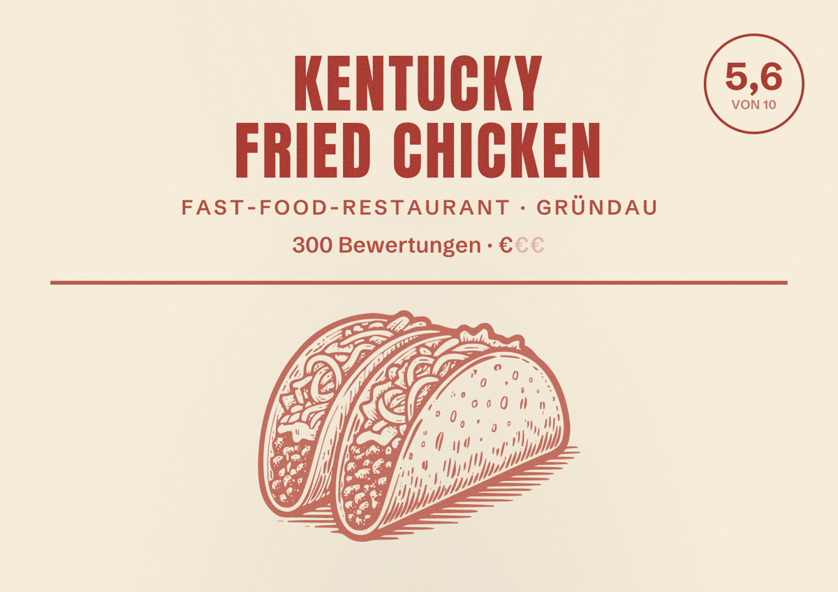 Illustriertes Poster von Kentucky Fried Chicken, Fast-Food-Restaurant in Gründau: Bewertung 5,6 von 10 aus 300 Bewertungen, Preisniveau €