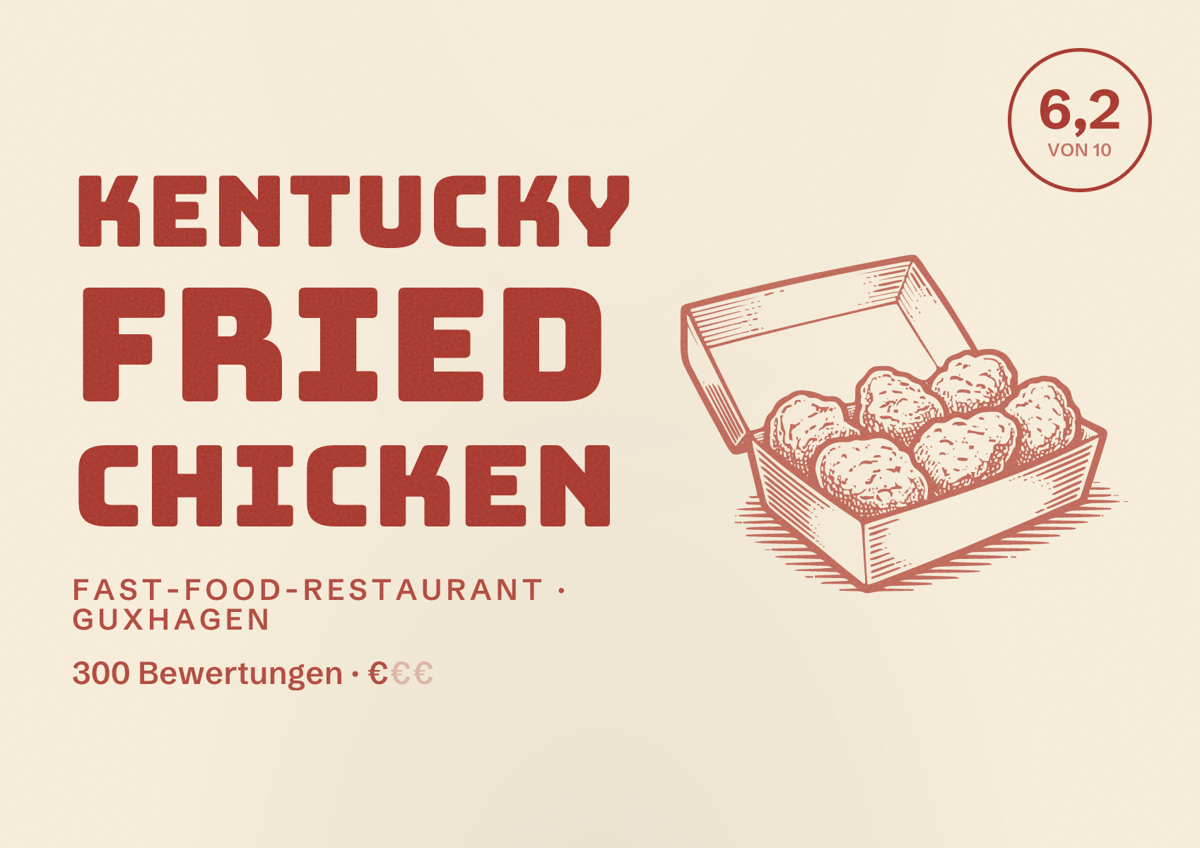 Illustriertes Poster von Kentucky Fried Chicken, Fast-Food-Restaurant in Guxhagen: Bewertung 6,2 von 10 aus 300 Bewertungen, Preisniveau €