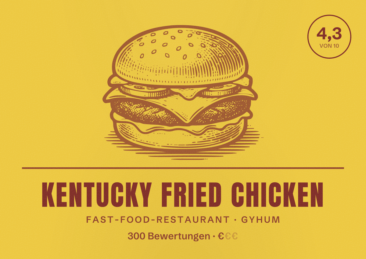 Illustriertes Poster von Kentucky Fried Chicken, Fast-Food-Restaurant in Gyhum: Bewertung 4,3 von 10 aus 300 Bewertungen, Preisniveau €