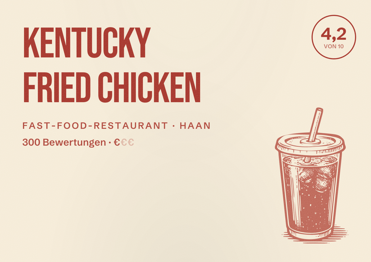 Illustriertes Poster von Kentucky Fried Chicken, Fast-Food-Restaurant in Haan: Bewertung 4,2 von 10 aus 300 Bewertungen, Preisniveau €
