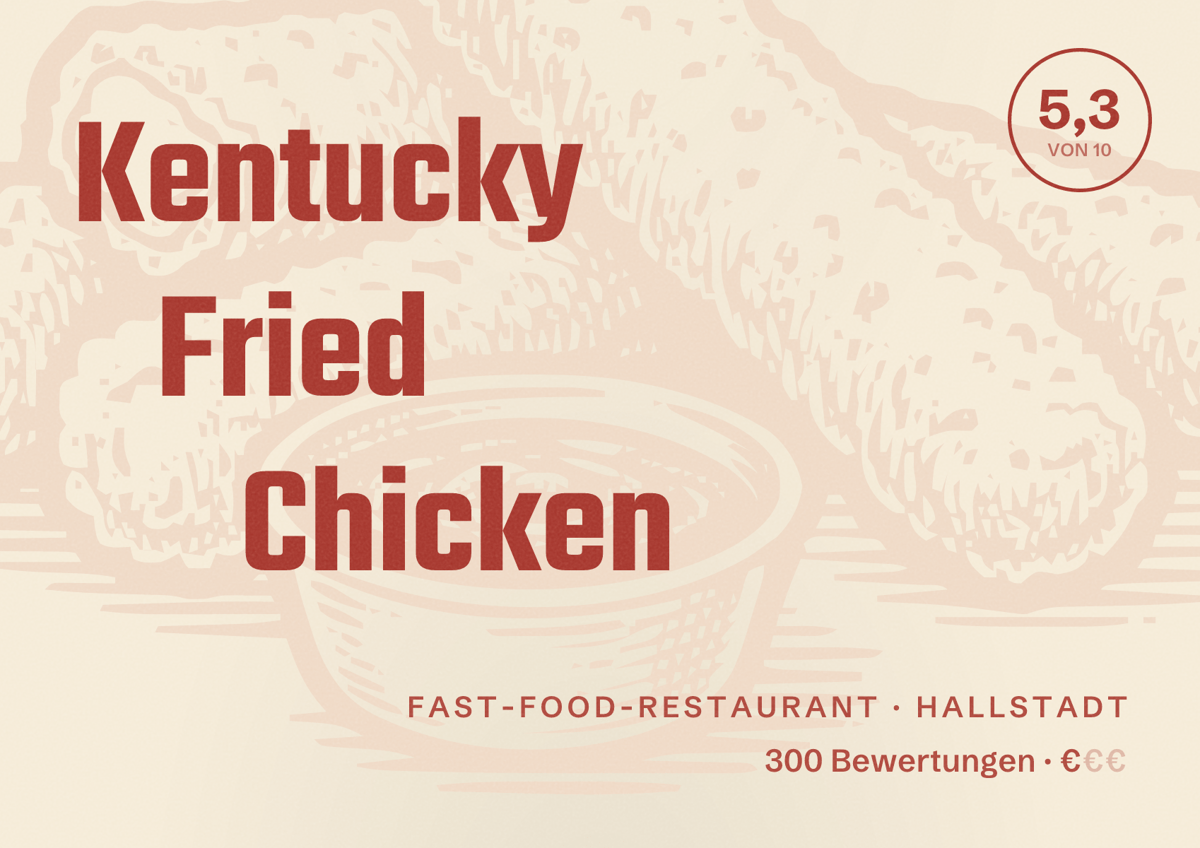 Illustriertes Poster von Kentucky Fried Chicken, Fast-Food-Restaurant in Hallstadt: Bewertung 5,3 von 10 aus 300 Bewertungen, Preisniveau €