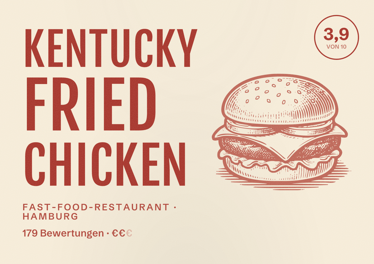 Illustriertes Poster von Kentucky Fried Chicken, Fast-Food-Restaurant in Hamburg: Bewertung 3,9 von 10 aus 179 Bewertungen, Preisniveau €€