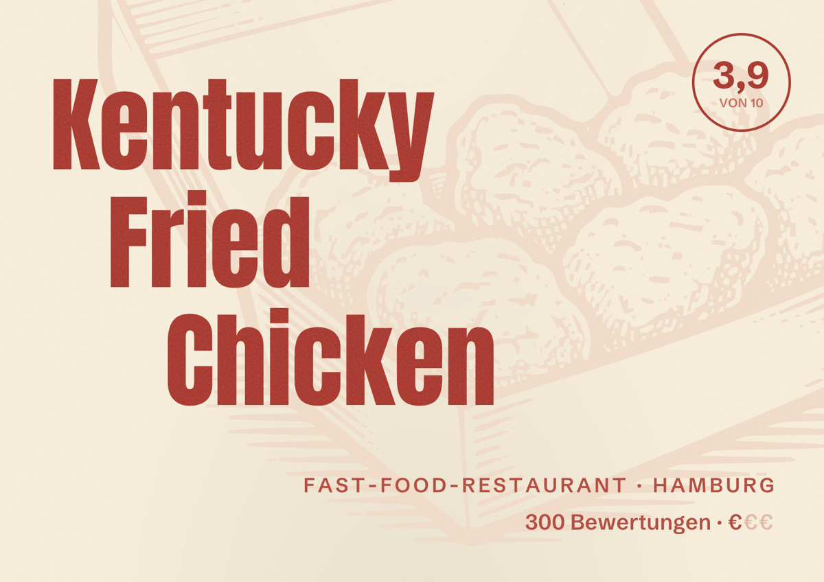 Illustriertes Poster von Kentucky Fried Chicken, Fast-Food-Restaurant in Hamburg: Bewertung 3,9 von 10 aus 300 Bewertungen, Preisniveau €