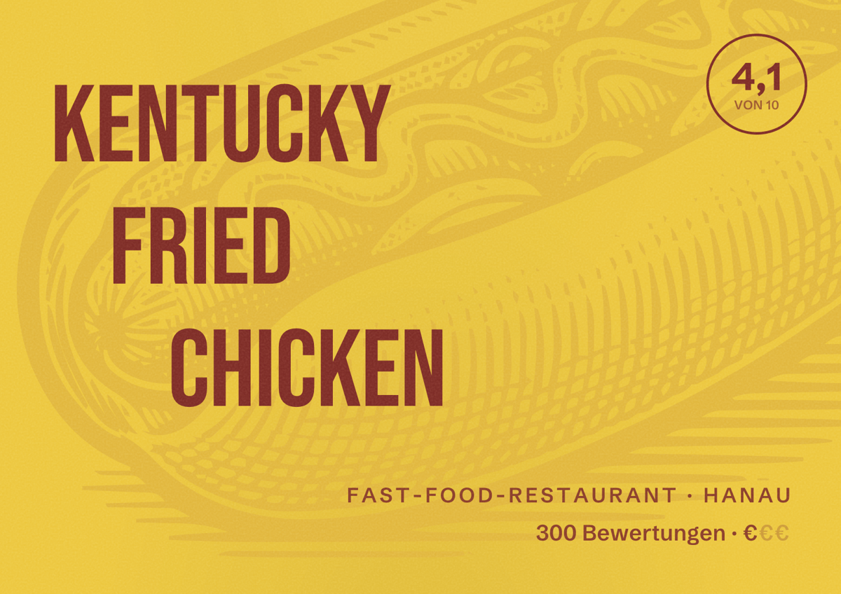 Illustriertes Poster von Kentucky Fried Chicken, Fast-Food-Restaurant in Hanau: Bewertung 4,1 von 10 aus 300 Bewertungen, Preisniveau €