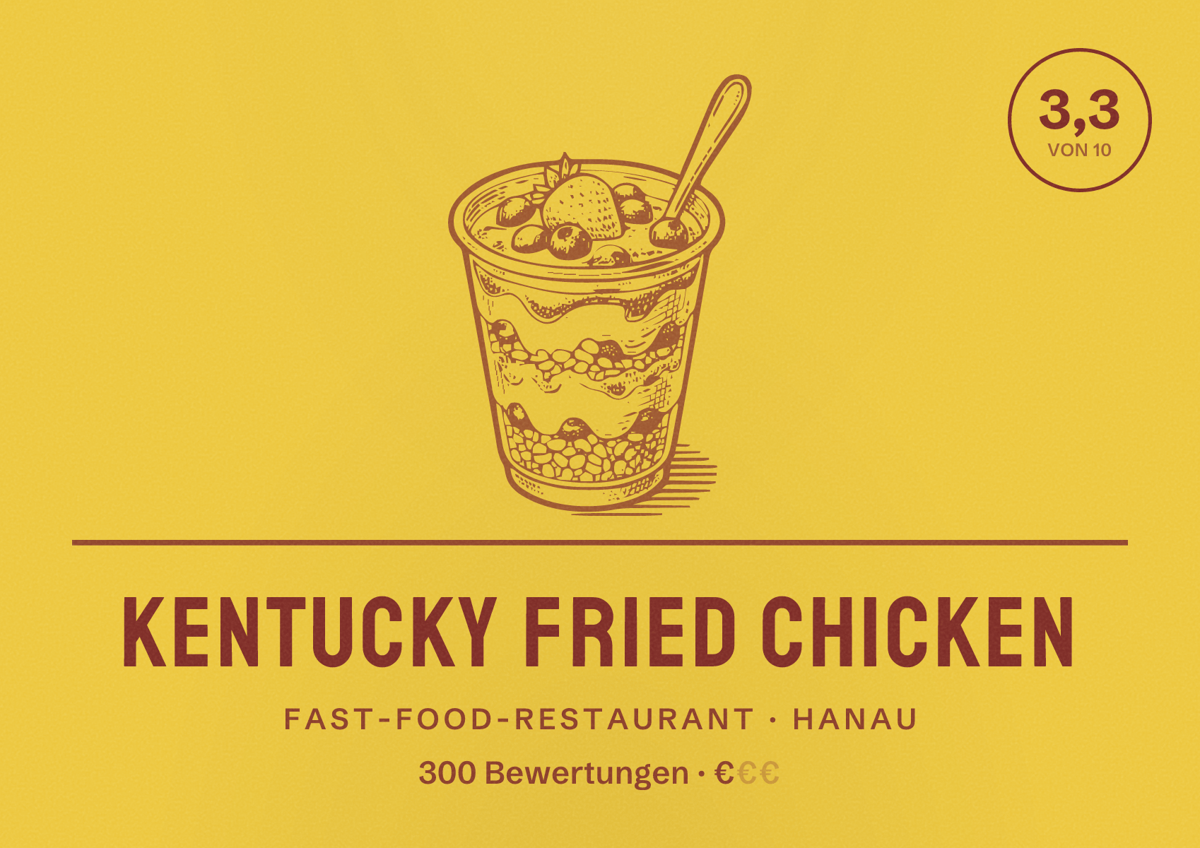 Illustriertes Poster von Kentucky Fried Chicken, Fast-Food-Restaurant in Hanau: Bewertung 3,3 von 10 aus 300 Bewertungen, Preisniveau €