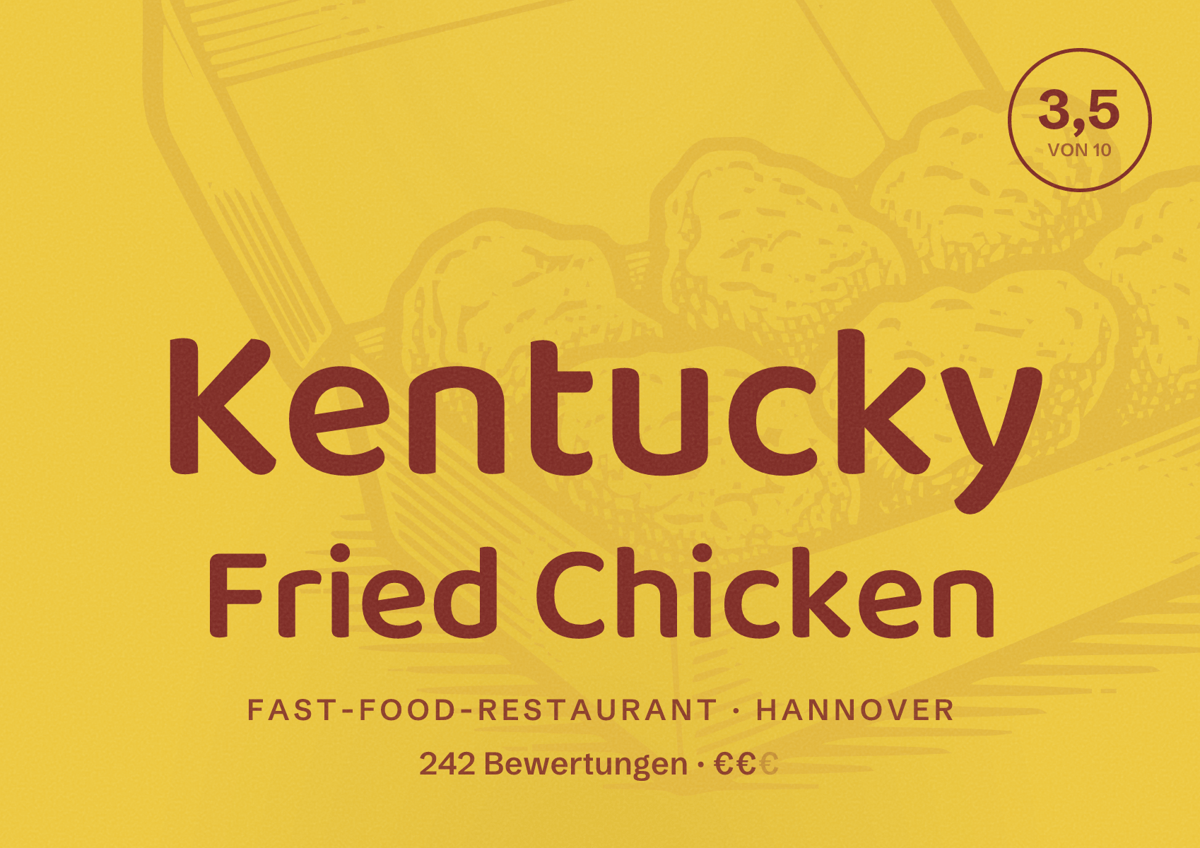 Illustriertes Poster von Kentucky Fried Chicken, Fast-Food-Restaurant in Hannover: Bewertung 3,5 von 10 aus 242 Bewertungen, Preisniveau €€