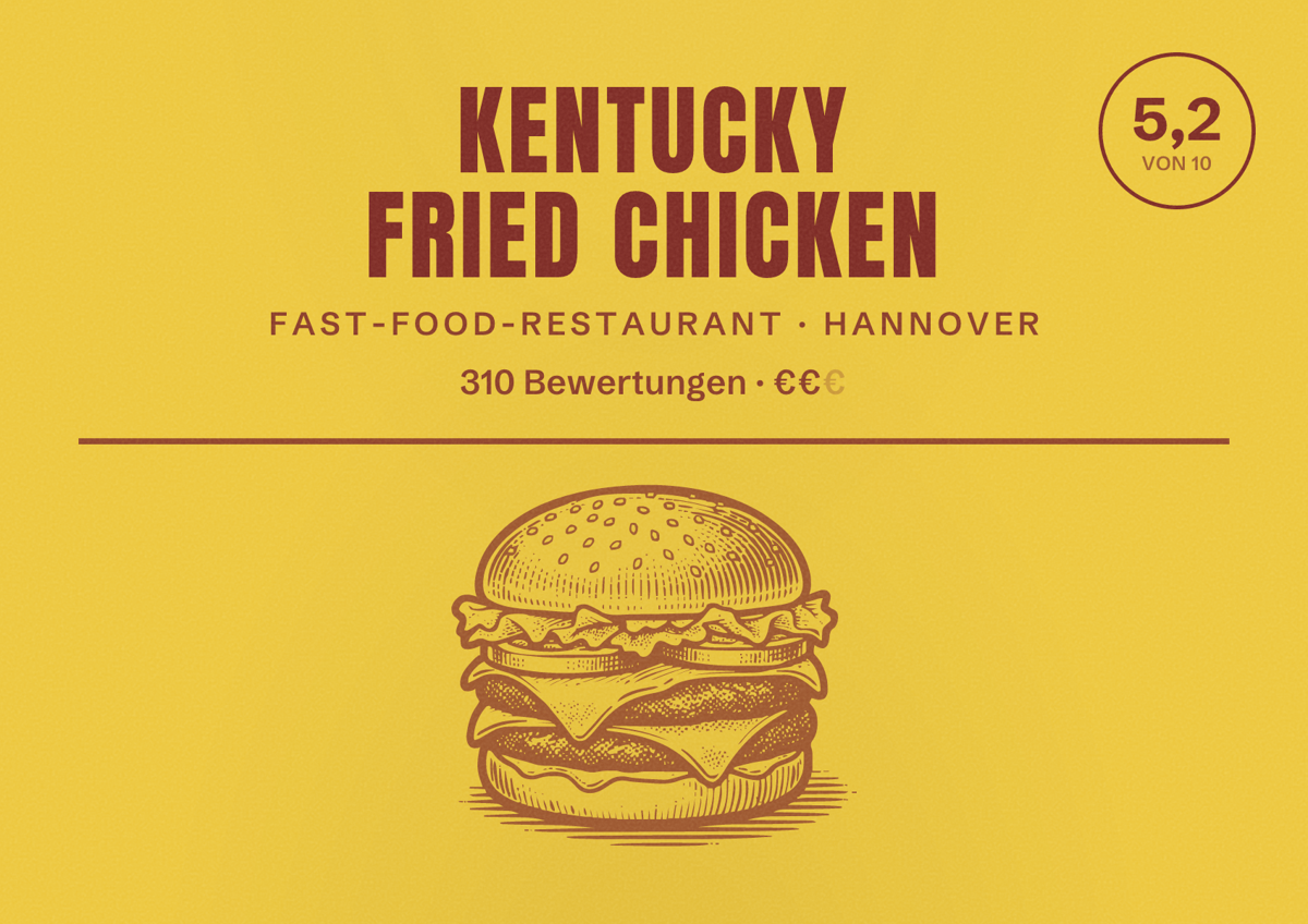 Illustriertes Poster von Kentucky Fried Chicken, Fast-Food-Restaurant in Hannover: Bewertung 5,2 von 10 aus 310 Bewertungen, Preisniveau €€