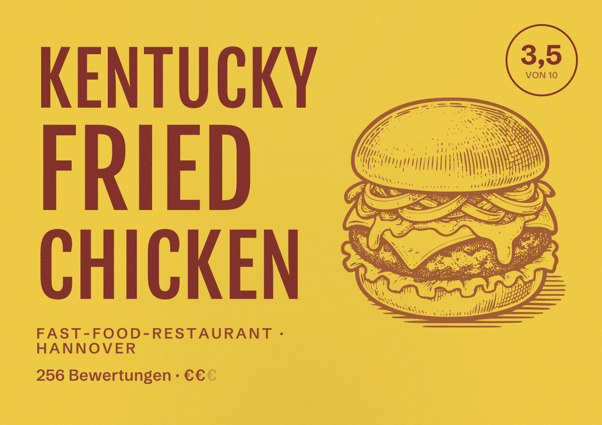 Illustriertes Poster von Kentucky Fried Chicken, Fast-Food-Restaurant in Hannover: Bewertung 3,5 von 10 aus 256 Bewertungen, Preisniveau €€