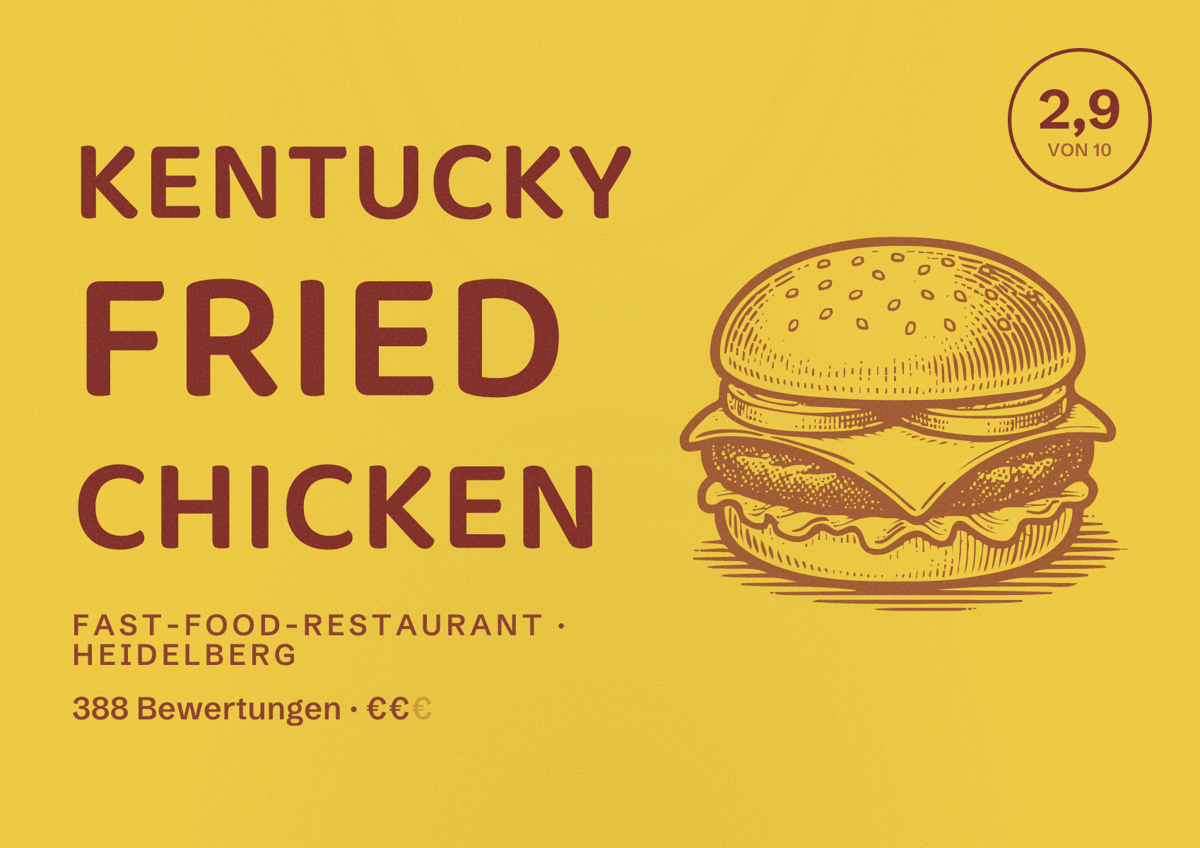 Illustriertes Poster von Kentucky Fried Chicken, Fast-Food-Restaurant in Heidelberg: Bewertung 2,9 von 10 aus 388 Bewertungen, Preisniveau €€