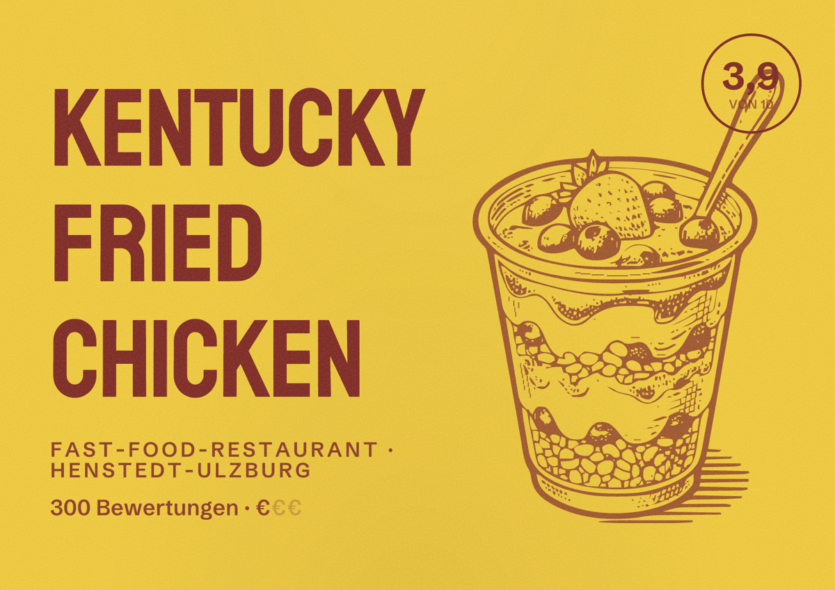 Illustriertes Poster von Kentucky Fried Chicken, Fast-Food-Restaurant in Henstedt-Ulzburg: Bewertung 3,9 von 10 aus 300 Bewertungen, Preisniveau €