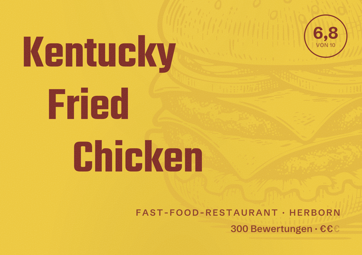 Illustriertes Poster von Kentucky Fried Chicken, Fast-Food-Restaurant in Herborn: Bewertung 6,8 von 10 aus 300 Bewertungen, Preisniveau €€