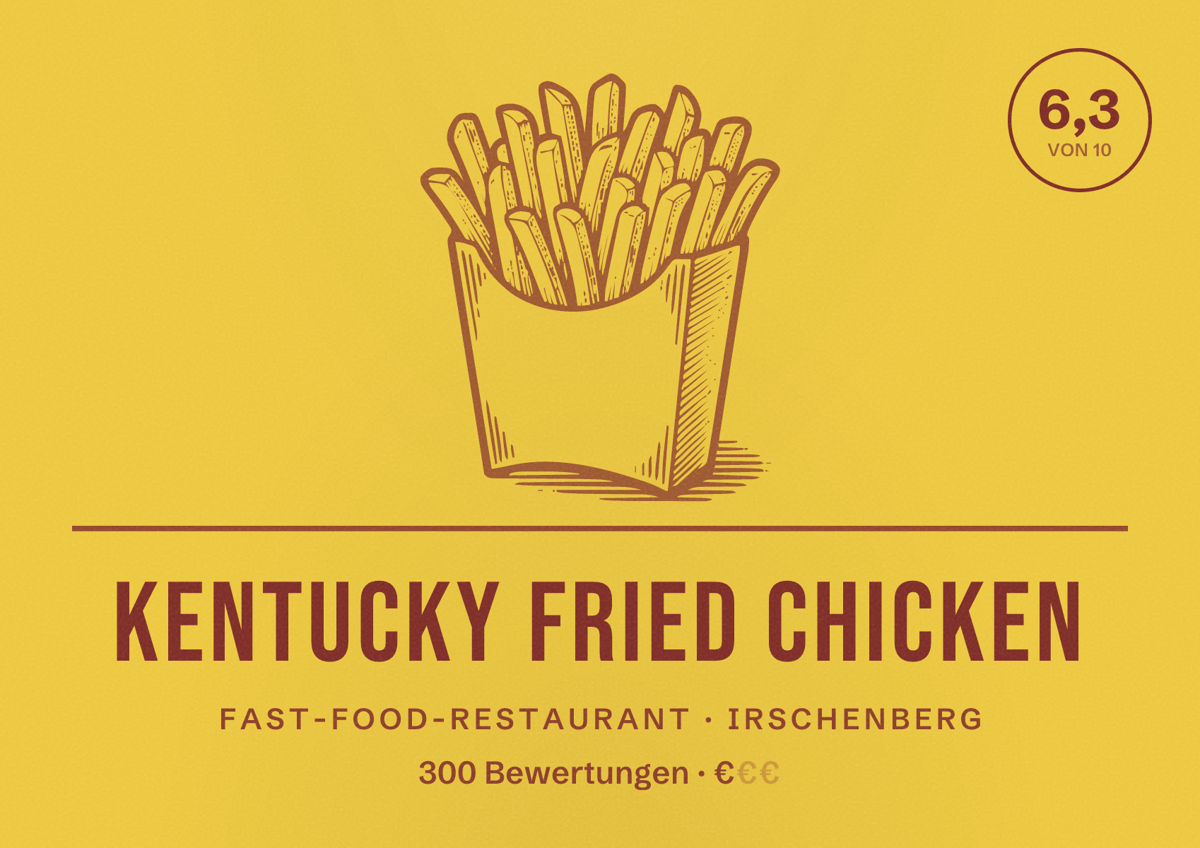 Illustriertes Poster von Kentucky Fried Chicken, Fast-Food-Restaurant in Irschenberg: Bewertung 6,3 von 10 aus 300 Bewertungen, Preisniveau €