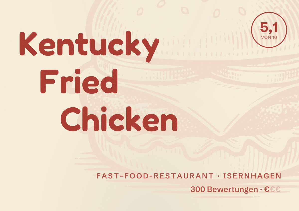 Illustriertes Poster von Kentucky Fried Chicken, Fast-Food-Restaurant in Isernhagen: Bewertung 5,1 von 10 aus 300 Bewertungen, Preisniveau €