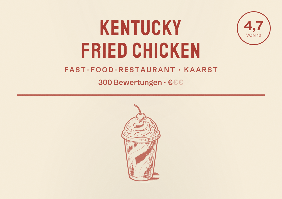 Illustriertes Poster von Kentucky Fried Chicken, Fast-Food-Restaurant in Kaarst: Bewertung 4,7 von 10 aus 300 Bewertungen, Preisniveau €