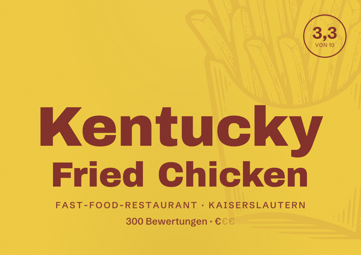 Illustriertes Poster von Kentucky Fried Chicken, Fast-Food-Restaurant in Kaiserslautern: Bewertung 3,3 von 10 aus 300 Bewertungen, Preisniveau €