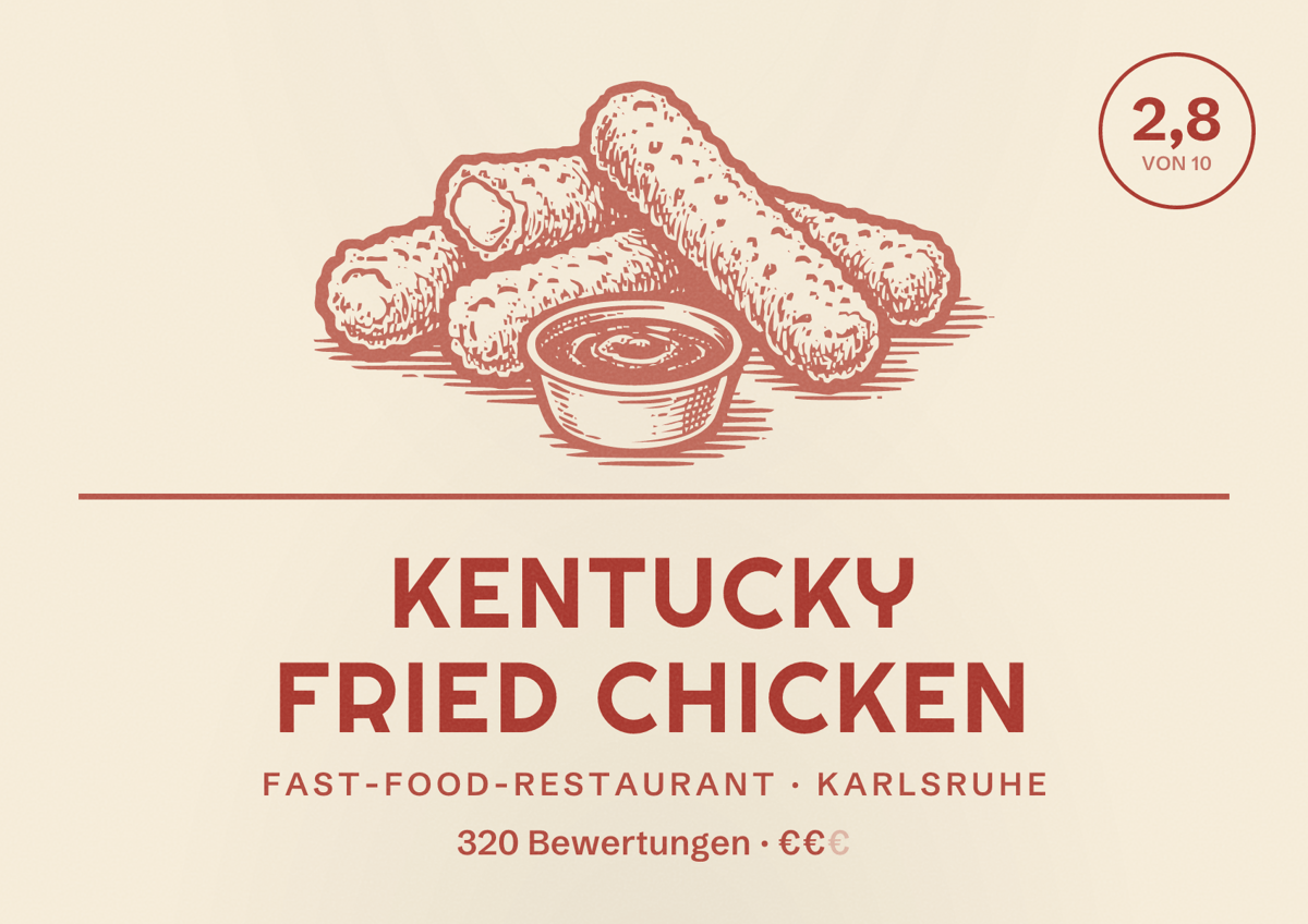 Illustriertes Poster von Kentucky Fried Chicken, Fast-Food-Restaurant in Karlsruhe: Bewertung 2,8 von 10 aus 320 Bewertungen, Preisniveau €€