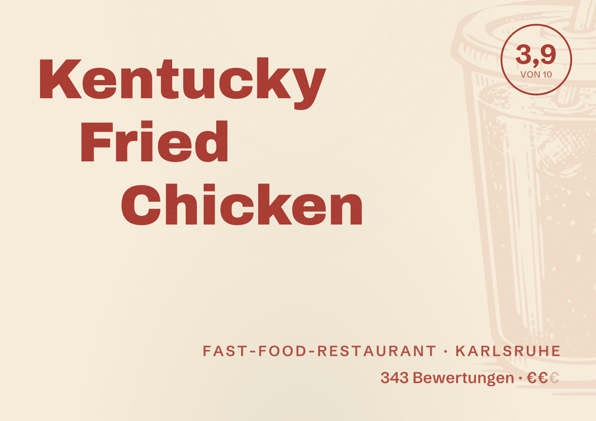 Illustriertes Poster von Kentucky Fried Chicken, Fast-Food-Restaurant in Karlsruhe: Bewertung 3,9 von 10 aus 343 Bewertungen, Preisniveau €€